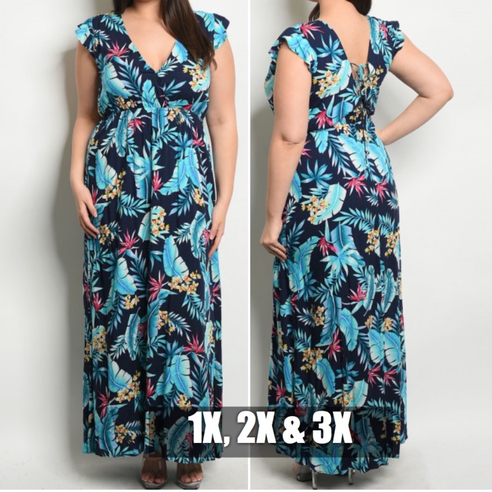 Navy & Mint Tropical print maxi dress